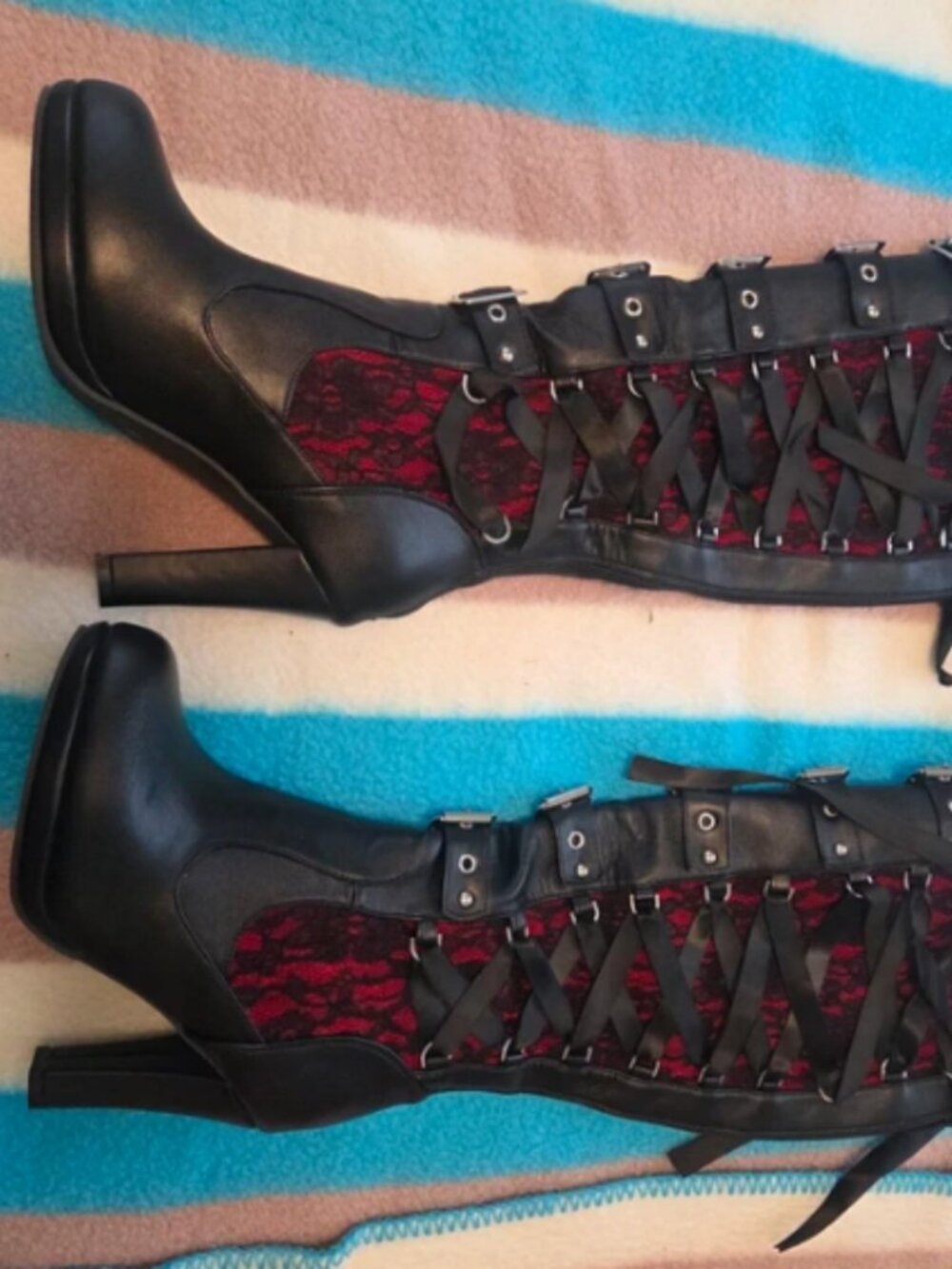 Gothic Lace Knee High Platform Boots Black Red Lace Buckle Heels EU 39.5 US 8